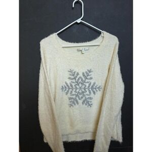 Lauren Conrad Women's White Furry Pullover Sweater Size XL, Silver Snowflake